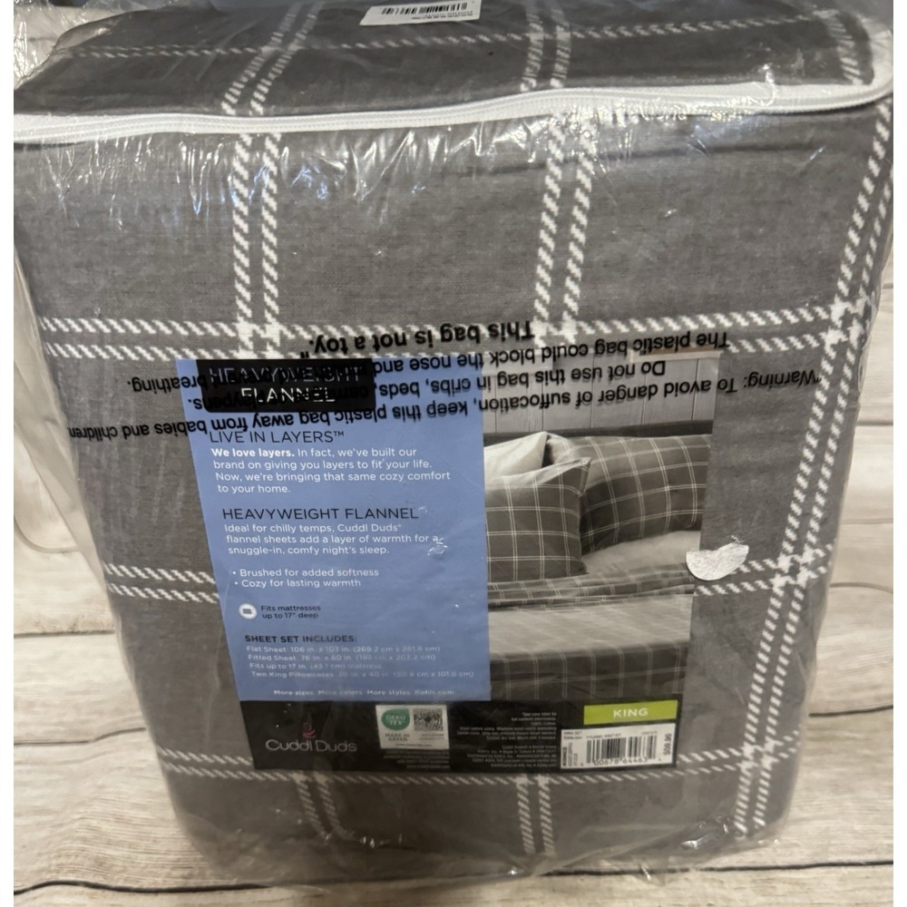 Cuddl Duds King Size Heavyweight Flannel Gray & Ivory Plaid Sheets New in Pkg